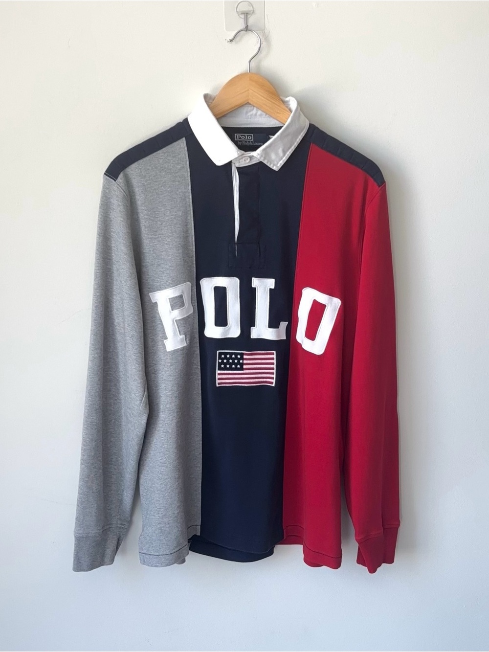 Polo Ralph Lauren Rugby Shirt Size M American flag Spellout Patch Color Block